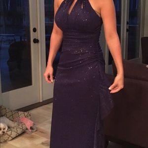 Floor length dark purple gown with gold glitter